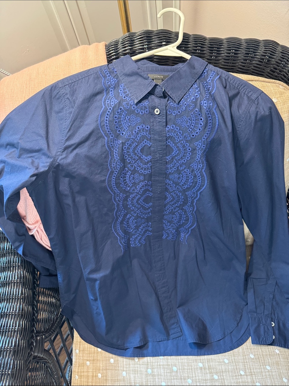 Navy Button-Up Shirt with Embroidered Front